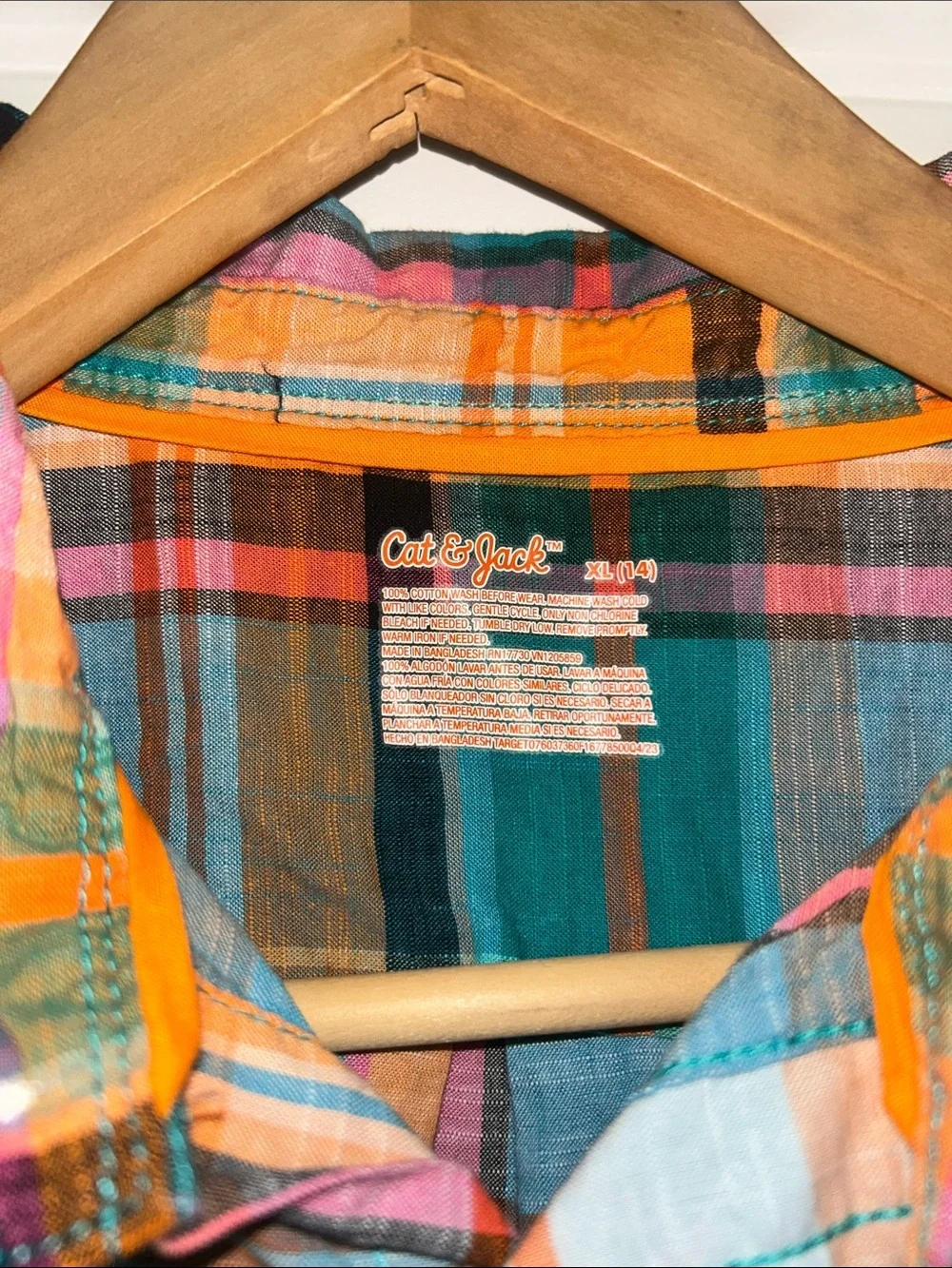 Cat & Jack Teal, Orange, Pink & Black Plaid Button-Up Shirt